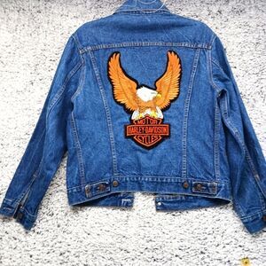 Levi Trucker Denim Jacket ,Large, with Harley/Eagle Embroidered Back Logo.......